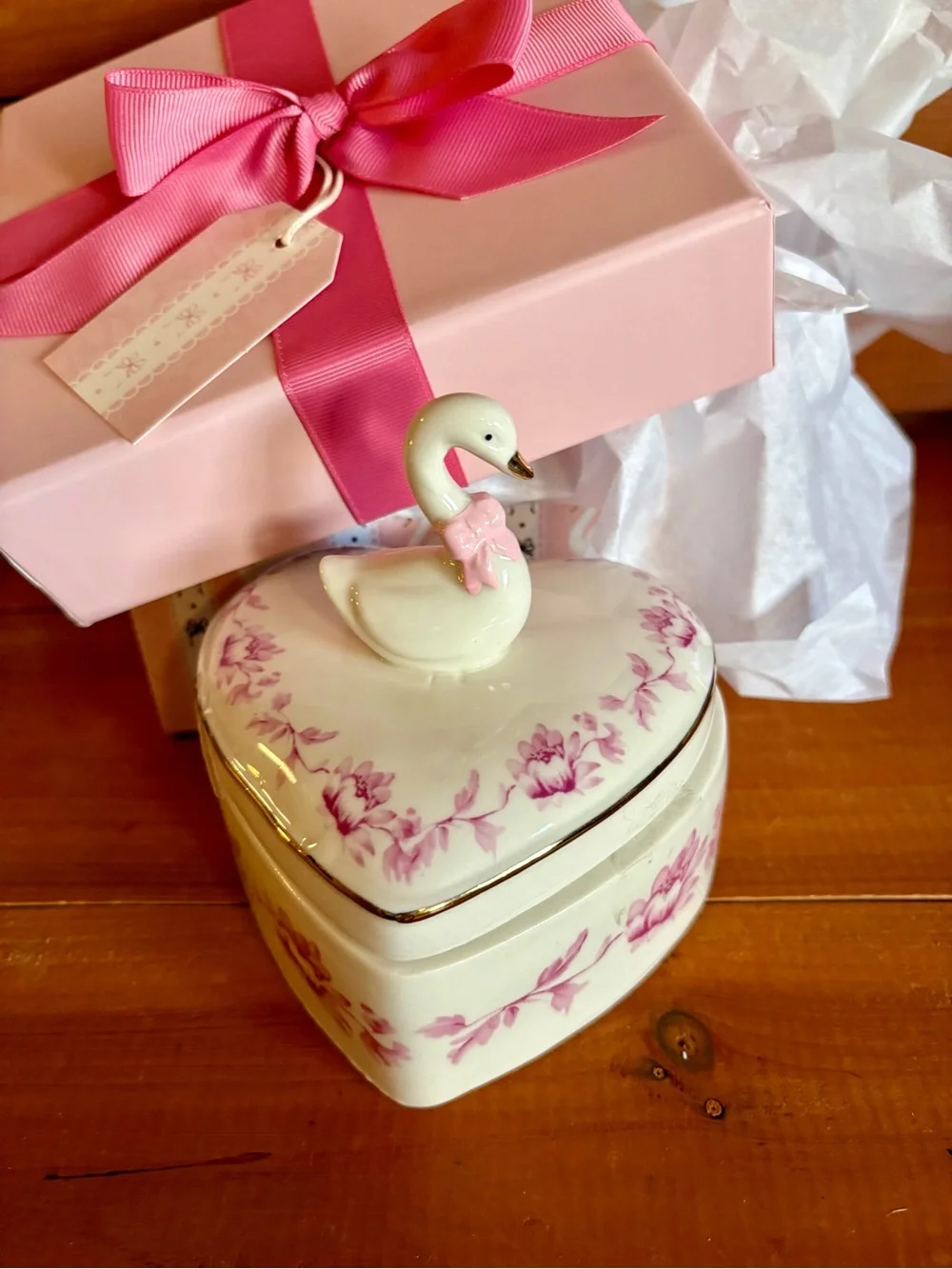 Porcelain Swan Heart Jewelry Trinket With Gift Box, Pink Floral Romantic Gift